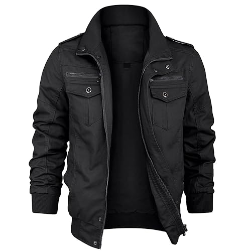 KUDORO Herren Übergangsjacke Militär Jacke Leicht Winterjacke Herbstjacke Stehkragen Fliegerjacke Baumwolle Blouson BomberJacke Armeejacke US Feldjacke Multi Taschen(Schwarz,XS) von KUDORO