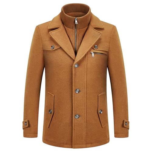 KUDORO Herren Wintermantel Wolle Kurzmantel Herren Wollmantel Mittellang Peacoat Herren Casual Slim Fit für Business Freizeit(Braun2,4XL) von KUDORO