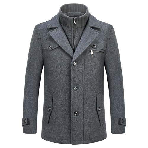 KUDORO Herren Wintermantel Wolle Kurzmantel Herren Wollmantel Mittellang Peacoat Herren Casual Slim Fit für Business Freizeit(Grau2,XS) von KUDORO