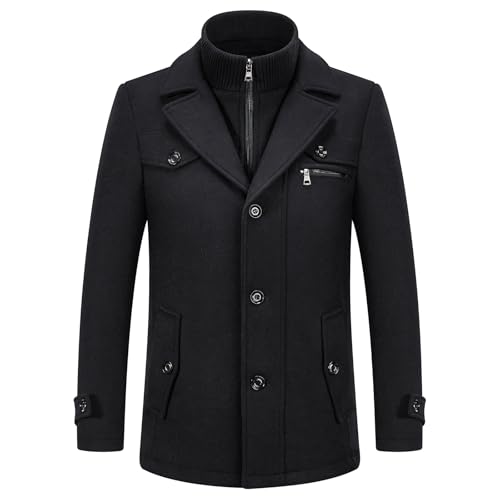 KUDORO Herren Wintermantel Wolle Kurzmantel Herren Wollmantel Mittellang Peacoat Herren Casual Slim Fit für Business Freizeit(Schwarz2,XS) von KUDORO