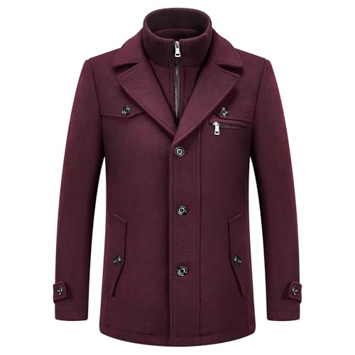 KUDORO Herren Wintermantel Wolle Kurzmantel Herren Wollmantel Mittellang Peacoat Herren Casual Slim Fit für Business Freizeit(Weinrot2,S) von KUDORO