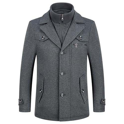 KUDORO Herren Wintermantel Wolle Kurzmantel Herren Wollmantel Mittellang Peacoat Winterjacke Slim Fit für Business Freizeit(Dunkelgrau1,L) von KUDORO