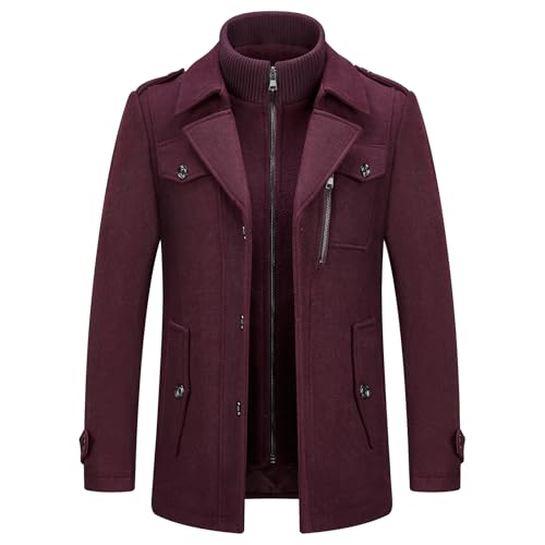 KUDORO Herren Wintermantel Wolle Kurzmantel Herren Wollmantel Mittellang Slim Fit für Business Freizeit(Bordeaux1,L) von KUDORO