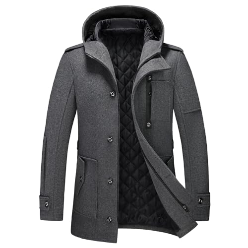 KUDORO Herren Wintermantel Wolle Kurzmantel mit Kapuze Wollmantel Mittellang Slim Fit für Business Freizeit Peacoat Casual(Grau,XXL) von KUDORO