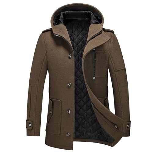 KUDORO Herren Wintermantel Wolle Kurzmantel mit Kapuze Wollmantel Mittellang Slim Fit für Business Freizeit Peacoat Casual(Kaffe,L) von KUDORO