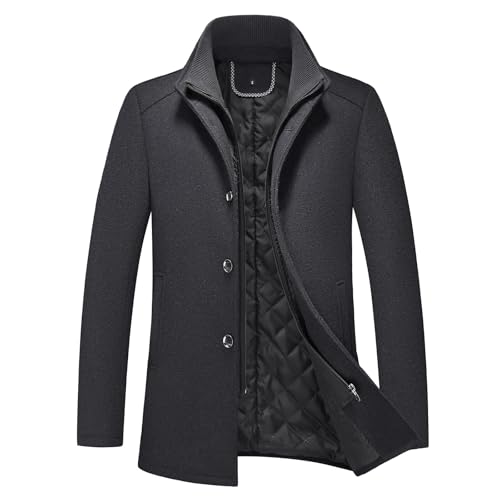 KUDORO Herren Wintermantel Wolle Mittellang Wollmantel mit Stehkragen Slim Fit für Business Freizeit Peacoat Casual(Schwarz,XXL) von KUDORO