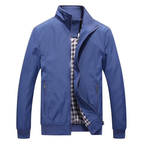 KUDORO Herren leichte Jacke für Frühling Sommer Reißverschluss Outdoor Jacke Casual Bomber Einfarbige Winddichte Jacke Halskette Mann Jacke Aviator Thin Classic Casual(Blau,S) von KUDORO