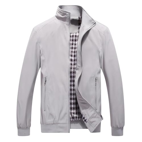 KUDORO Herren leichte Jacke für Frühling Sommer Reißverschluss Outdoor Jacke Casual Bomber Einfarbige Winddichte Jacke Halskette Mann Jacke Aviator Thin Classic Casual(Grau,M) von KUDORO