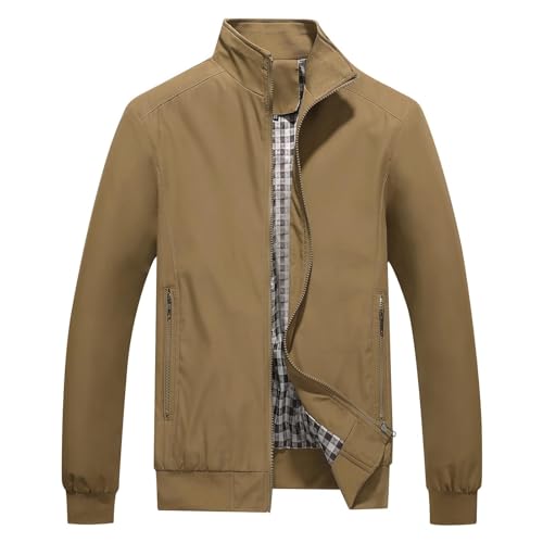 KUDORO Herren leichte Jacke für Frühling Sommer Reißverschluss Outdoor Jacke Casual Bomber Einfarbige Winddichte Jacke Halskette Mann Jacke Aviator Thin Classic Casual(Kaki,3XL) von KUDORO