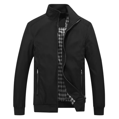 KUDORO Herren leichte Jacke für Frühling Sommer Reißverschluss Outdoor Jacke Casual Bomber Einfarbige Winddichte Jacke Halskette Mann Jacke Aviator Thin Classic Casual(Schwarz,S) von KUDORO