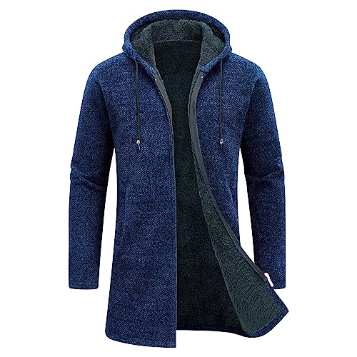 KUDORO Strickjacke Herren Cardigan Lang Trachtenjacke Kapuze mit Kapuze Gestrickt Pullover Hoodie Wintermantel Sweatjacke Feinstrick Winterjacke Fleecejacke(Marineblau,L) von KUDORO