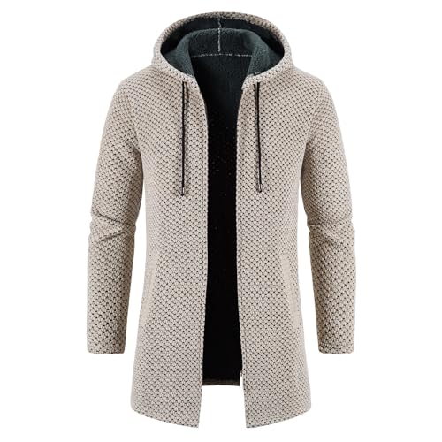 KUDORO Strickjacke Herren Cardigan Lang Trachtenjacke Kapuze mit Kapuze Gestrickt Pullover Hoodie Wintermantel Winterjacke Fleecejacke Sweatjacke Feinstrick(Beige1,XXL) von KUDORO