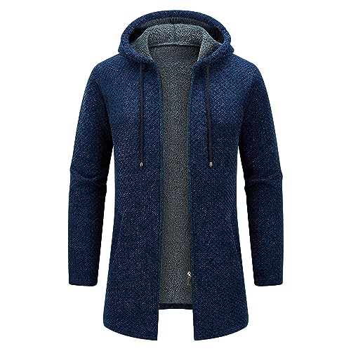 KUDORO Strickjacke Herren Cardigan Lang Trachtenjacke Kapuze mit Kapuze Gestrickt Pullover Hoodie Wintermantel Winterjacke Fleecejacke Sweatjacke Feinstrick(Marineblau1,L) von KUDORO