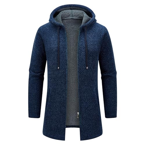 KUDORO Strickjacke Herren Cardigan Lang Trachtenjacke Kapuze mit Kapuze Gestrickt Pullover Hoodie Wintermantel Winterjacke Fleecejacke Sweatjacke Feinstrick(Marineblau1,S) von KUDORO