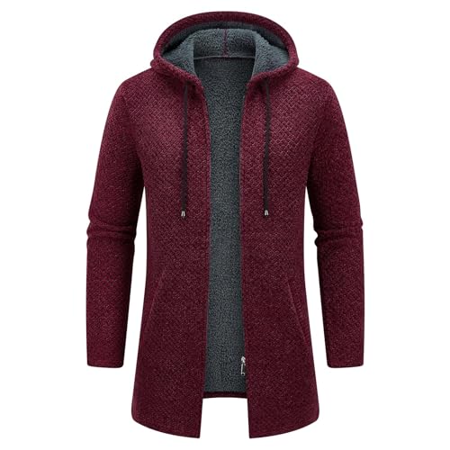 KUDORO Strickjacke Herren Cardigan Lang Trachtenjacke Kapuze mit Kapuze Gestrickt Pullover Hoodie Wintermantel Winterjacke Fleecejacke Sweatjacke Feinstrick(Weinrot1,XL) von KUDORO