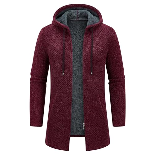 KUDORO Strickjacke Herren Cardigan Lang Trachtenjacke Kapuze mit Kapuze Gestrickt Pullover Hoodie Wintermantel Winterjacke Fleecejacke Sweatjacke Feinstrick(Weinrot1,XS) von KUDORO