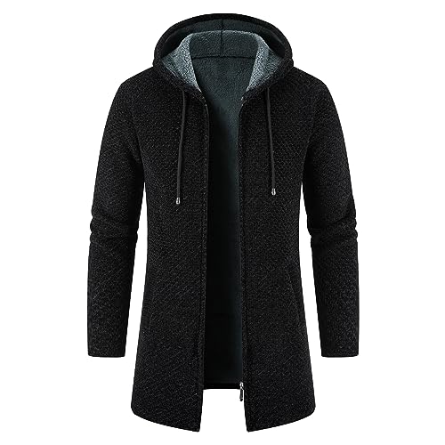 KUDORO Strickjacke Herren Cardigan Lang Trachtenjacke Kapuze mit Kapuze Gestrickt Pullover Wintermantel Winterjacke Fleecejacke (Schwarz1,M) von KUDORO