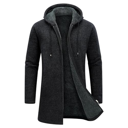 KUDORO Strickjacke Herren Cardigan Lang Trachtenjacke Kapuze mit Kapuze Gestrickt Wintermantel Pullover Hoodie Sweatjacke Feinstrick Winterjacke Fleecejacke(Dunkelgrau,S) von KUDORO