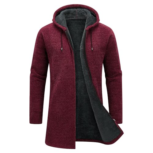 KUDORO Strickjacke Herren Cardigan Lang Trachtenjacke Kapuze mit Kapuze Gestrickt Wintermantel Pullover Hoodie Sweatjacke Feinstrick Winterjacke Fleecejacke(Weinrot,XXL) von KUDORO