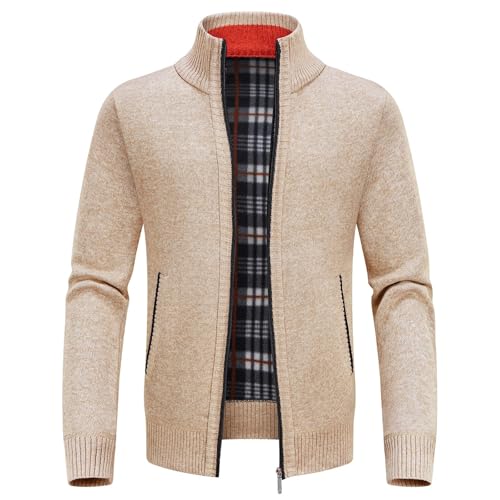 KUDORO Strickjacke Herren Cardigan Trachtenjacke mit Reißverschluss Gestrickt Wintermantel Sweatjacke Strickjacke Feinstrick Winterjacke Mit Stehkragen Fleecejacke Langarm(Beige,L) von KUDORO