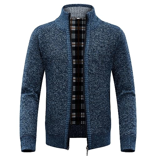 KUDORO Strickjacke Herren Cardigan Trachtenjacke mit Reißverschluss Gestrickt Wintermantel Sweatjacke Strickjacke Feinstrick Winterjacke Mit Stehkragen Fleecejacke Langarm(Blau,L) von KUDORO