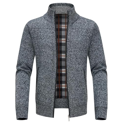 KUDORO Strickjacke Herren Cardigan Trachtenjacke mit Reißverschluss Gestrickt Wintermantel Sweatjacke Strickjacke Feinstrick Winterjacke Mit Stehkragen Fleecejacke Langarm(Dunkelgrau,XXL) von KUDORO