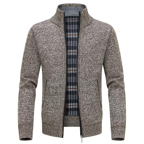 KUDORO Strickjacke Herren Cardigan Trachtenjacke mit Reißverschluss Gestrickt Wintermantel Sweatjacke Strickjacke Feinstrick Winterjacke Mit Stehkragen Fleecejacke Langarm(Kaffee,3XL) von KUDORO