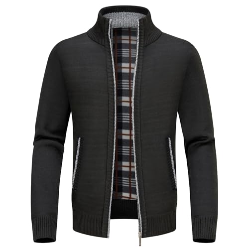 KUDORO Strickjacke Herren Cardigan Trachtenjacke mit Reißverschluss Gestrickt Wintermantel Sweatjacke Strickjacke Feinstrick Winterjacke Mit Stehkragen Fleecejacke Langarm(Schwarz,L) von KUDORO