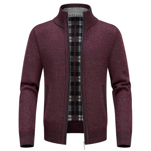 KUDORO Strickjacke Herren Cardigan Trachtenjacke mit Reißverschluss Gestrickt Wintermantel Sweatjacke Strickjacke Feinstrick Winterjacke Mit Stehkragen Fleecejacke Langarm(Weinrot,M) von KUDORO