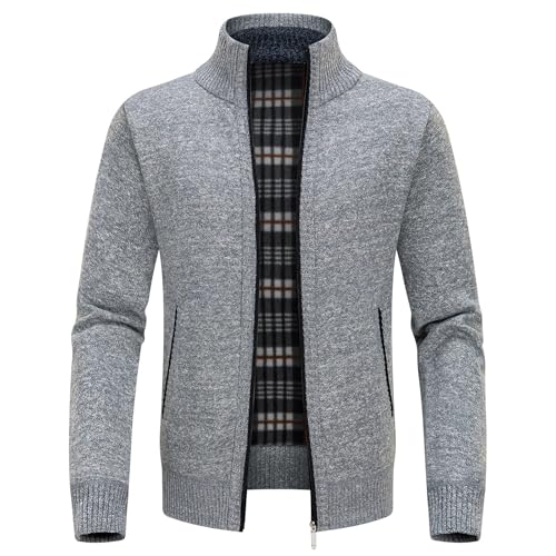 KUDORO Strickjacke Herren Cardigan Trachtenjacke mit Reißverschluss Gestrickt Wintermantel Sweatjacke Strickjacke Feinstrick Winterjacke Mit Stehkragen Fleecejacke Langarm(Weiß,3XL) von KUDORO