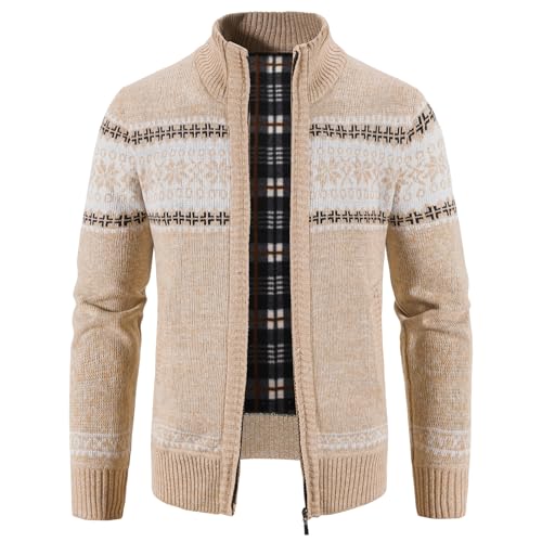 KUDORO Strickjacke Herren Fleecejacke Trachtenjacke Cardigan mit Reißverschluss Gestrickt Wintermantel Sweatjacke Winterjacke Mit Stehkragen Langarm(Beige,S) von KUDORO