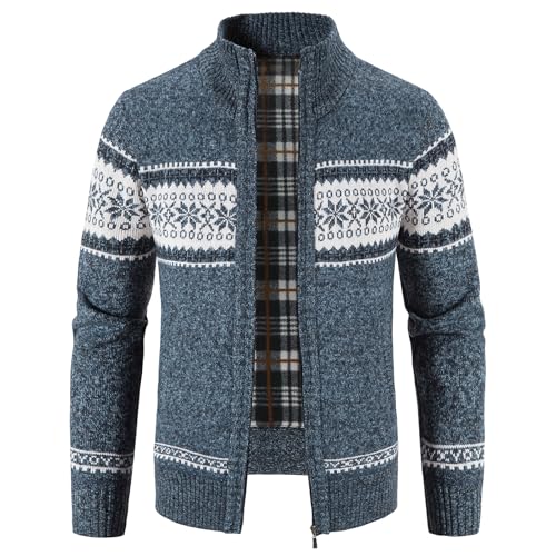 KUDORO Strickjacke Herren Fleecejacke Trachtenjacke Cardigan mit Reißverschluss Gestrickt Wintermantel Sweatjacke Winterjacke Mit Stehkragen Langarm(Blau,3XL) von KUDORO