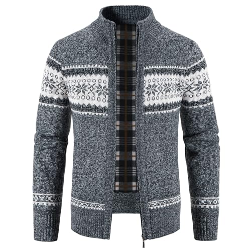 KUDORO Strickjacke Herren Fleecejacke Trachtenjacke Cardigan mit Reißverschluss Gestrickt Wintermantel Sweatjacke Winterjacke Mit Stehkragen Langarm(Dunkelgrau,M) von KUDORO