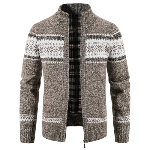 KUDORO Strickjacke Herren Fleecejacke Trachtenjacke Cardigan mit Reißverschluss Gestrickt Wintermantel Sweatjacke Winterjacke Mit Stehkragen Langarm(Kaffe,3XL) von KUDORO