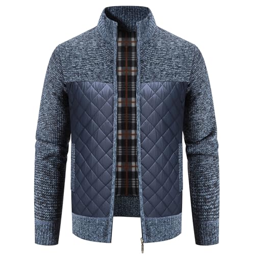 KUDORO Strickjacke Herren Fleecejacke Trachtenjacke mit Stehkragen Cardigan mit Reißverschluss Gestrickt Warme Winterjacke Outdoor(Blau,L) von KUDORO