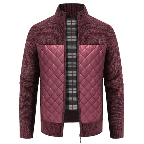 KUDORO Strickjacke Herren Fleecejacke Trachtenjacke mit Stehkragen Cardigan mit Reißverschluss Gestrickt Warme Winterjacke Outdoor(Weinrot,L) von KUDORO