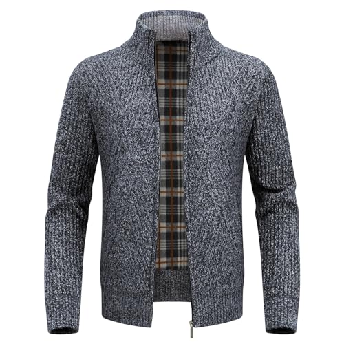 KUDORO Strickjacke Trachtenjacke Herren Cardigan mit Reißverschluss Gestrickt Wintermantel Strickjacke Sweatjacke Winterjacke Mit Stehkragen Fleecejacke Langarm(Dunkelgrau1,S) von KUDORO