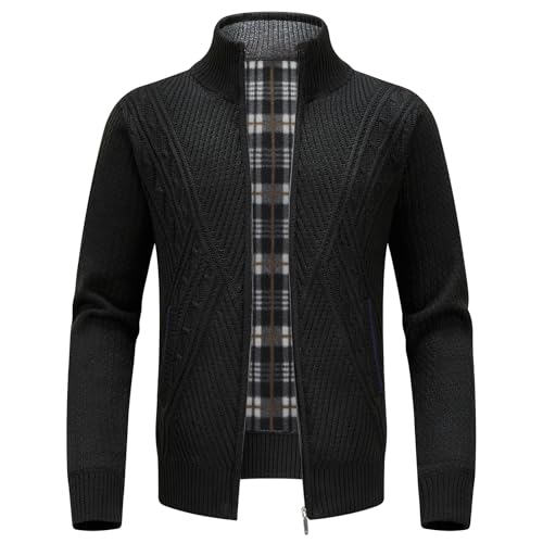 KUDORO Strickjacke Trachtenjacke Herren Cardigan mit Reißverschluss Gestrickt Wintermantel Strickjacke Sweatjacke Winterjacke Mit Stehkragen Fleecejacke Langarm(Schwarz1,XL) von KUDORO