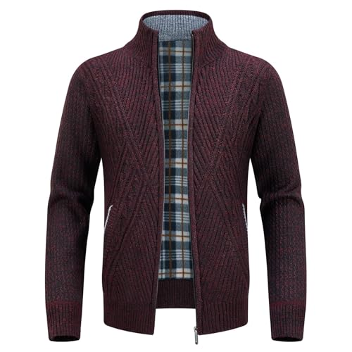 KUDORO Strickjacke Trachtenjacke Herren Cardigan mit Reißverschluss Gestrickt Wintermantel Strickjacke Sweatjacke Winterjacke Mit Stehkragen Fleecejacke Langarm(Weinrot1,XXL) von KUDORO