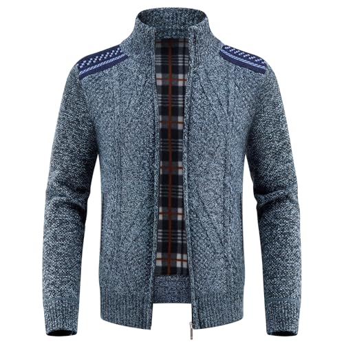 KUDORO Strickjacke Trachtenjacke Herren mit Reißverschluss Gestrickt Cardigan Wintermantel Strickjacke Sweatjacke Winterjacke Mit Stehkragen Fleecejacke(Blau,M) von KUDORO