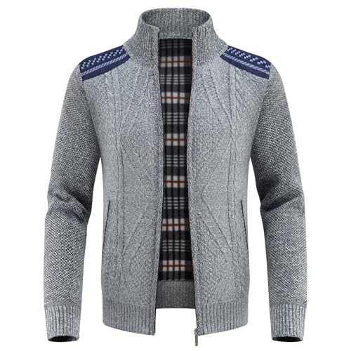 KUDORO Strickjacke Trachtenjacke Herren mit Reißverschluss Gestrickt Cardigan Wintermantel Strickjacke Sweatjacke Winterjacke Mit Stehkragen Fleecejacke(Hellgrau1,M) von KUDORO