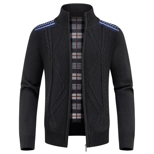 KUDORO Strickjacke Trachtenjacke Herren mit Reißverschluss Gestrickt Cardigan Wintermantel Strickjacke Sweatjacke Winterjacke Mit Stehkragen Fleecejacke(Schwarz1,XS) von KUDORO