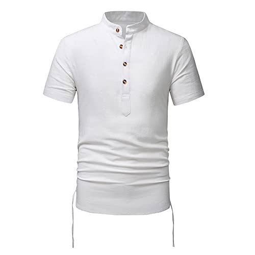 Henley Shirt Herren Kurzarm Knopfleiste Freizeit Henley Männer Einfarbig Brusttasche Freizeithemd Basic T-Shirt Urlaub Henley Hemd Stehkragen M-White S von KUGO