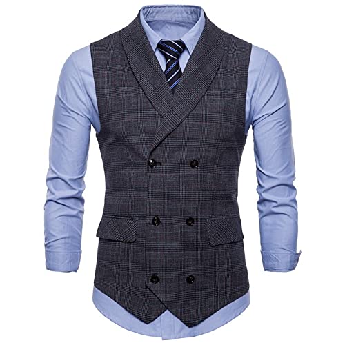 KUGO Jacke Herren Ärmellos Revers Temperament Anzug Weste Herren Casual Knopfleiste Hochzeit Casual Jacke Herren Kariert Muster Business Taschendekoration Weste Herren D-Grey1 L von KUGO