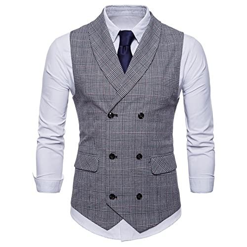 KUGO Jacke Herren Ärmellos Revers Temperament Anzug Weste Herren Casual Knopfleiste Hochzeit Casual Jacke Herren Kariert Muster Business Taschendekoration Weste Herren E-Grey2 L von KUGO