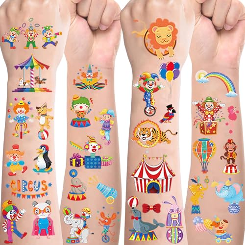 Zirkus Tattoos für Kinder,10 Blätter Circus Kindertattoos Hautfreundlich Set Temporäre Tattoos zum Aufkleben,Mitgebsel Kindergeburtstag Geschenke Party Deko Zirkus Spielzeug von KUGUJOM