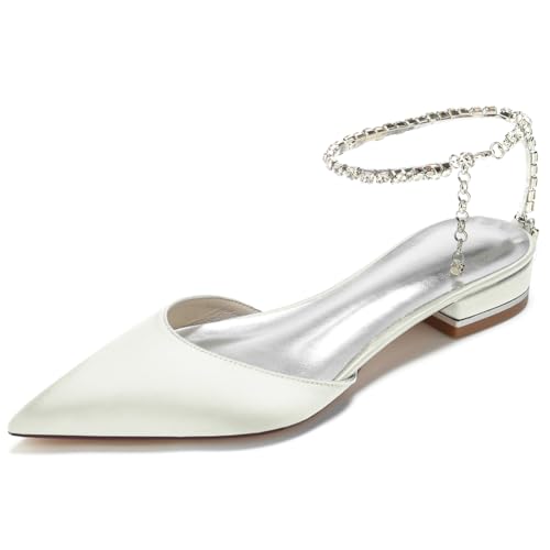 KUHAOFEU Ballerinas Mit Flansch Zurück Frauen Spitze Spitze Strass Kette Riemen Knöchel Braut Brautschuhe Modische Elegante Sandalen,Elfenbein,37 EU von KUHAOFEU