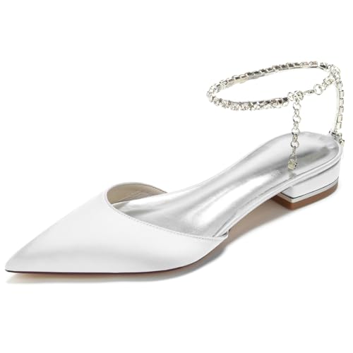 KUHAOFEU Ballerinas Mit Flansch Zurück Frauen Spitze Spitze Strass Kette Riemen Knöchel Braut Brautschuhe Modische Elegante Sandalen,Weiß,40 EU von KUHAOFEU