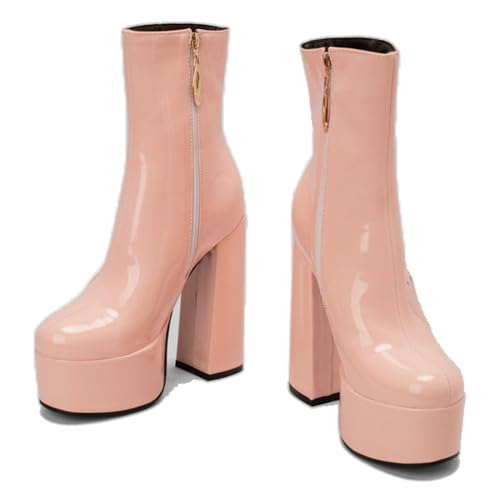 KUHAOFEU Blockabsatz Leder Chelsea Stiefeletten Plattform wasserdichte Winter Outdoor Schuhe Für Frauen,Rosa,39 EU von KUHAOFEU