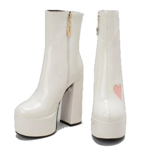 KUHAOFEU Blockabsatz Leder Chelsea Stiefeletten Plattform wasserdichte Winter Outdoor Schuhe Für Frauen,Weiß,38 EU von KUHAOFEU